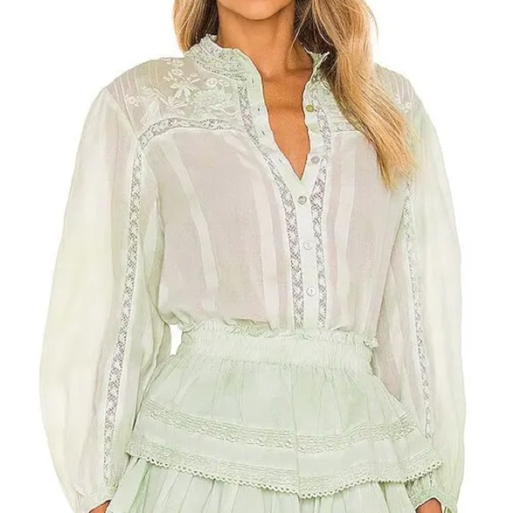 Ronda Embroidered Sleeve Blouse- Love Shack Fancy (Moss Green) St Patrick